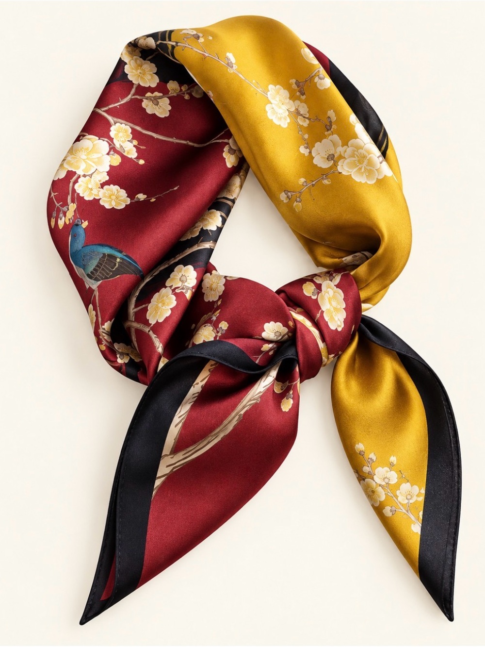 Silky feel Floral Bird Twilly Scarf - Burgundy & Mustard